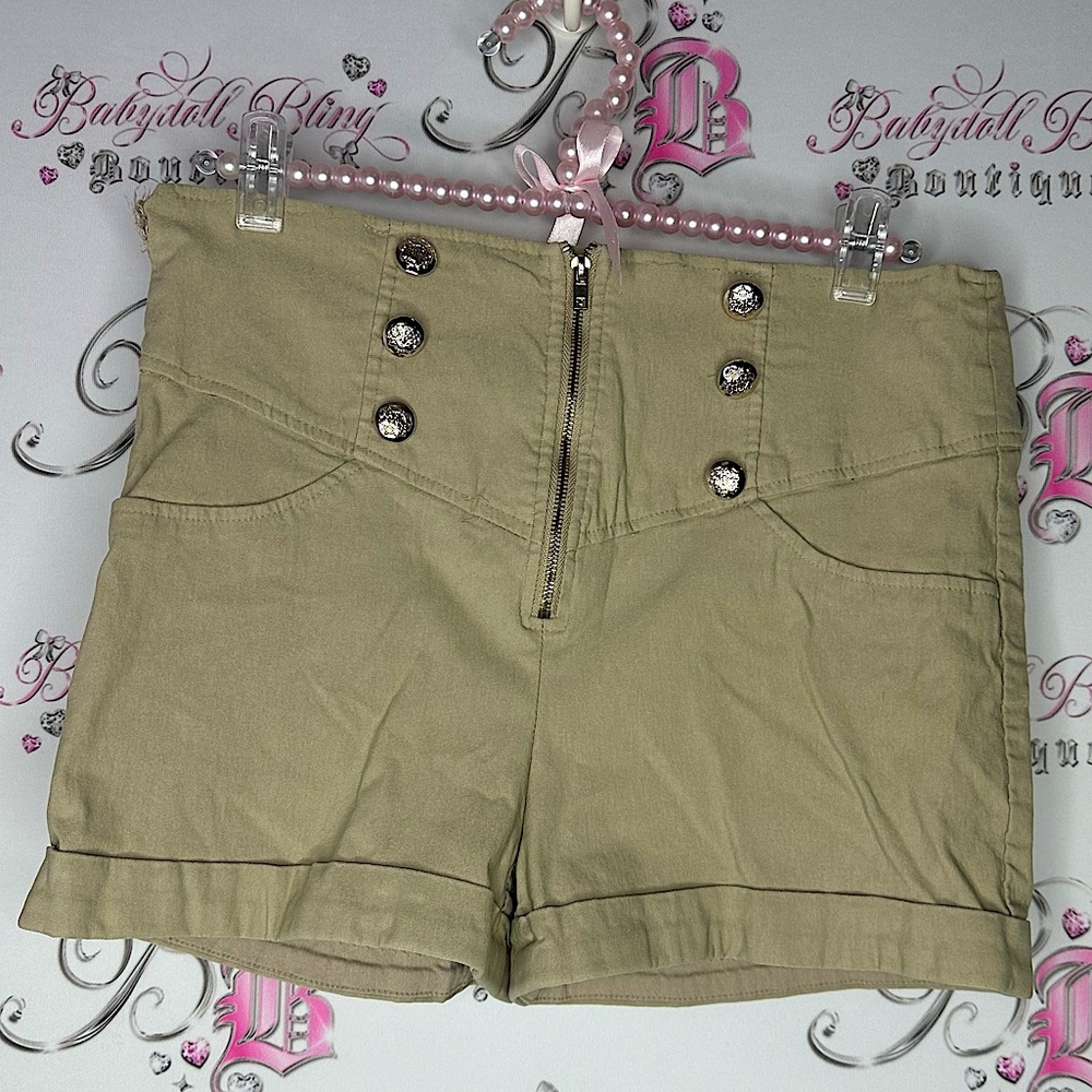 Seduction shorts buttons nautical tan gold high waist stretchy classy luxe
